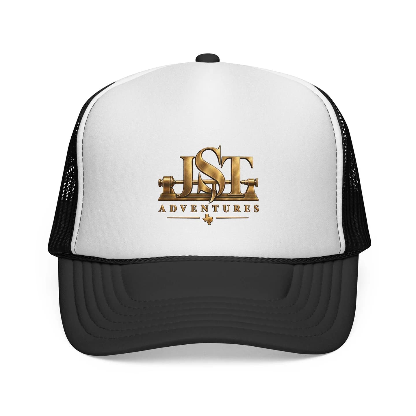 JST C.A.P. with a white front, black brim, and gold JST Adventures mark.